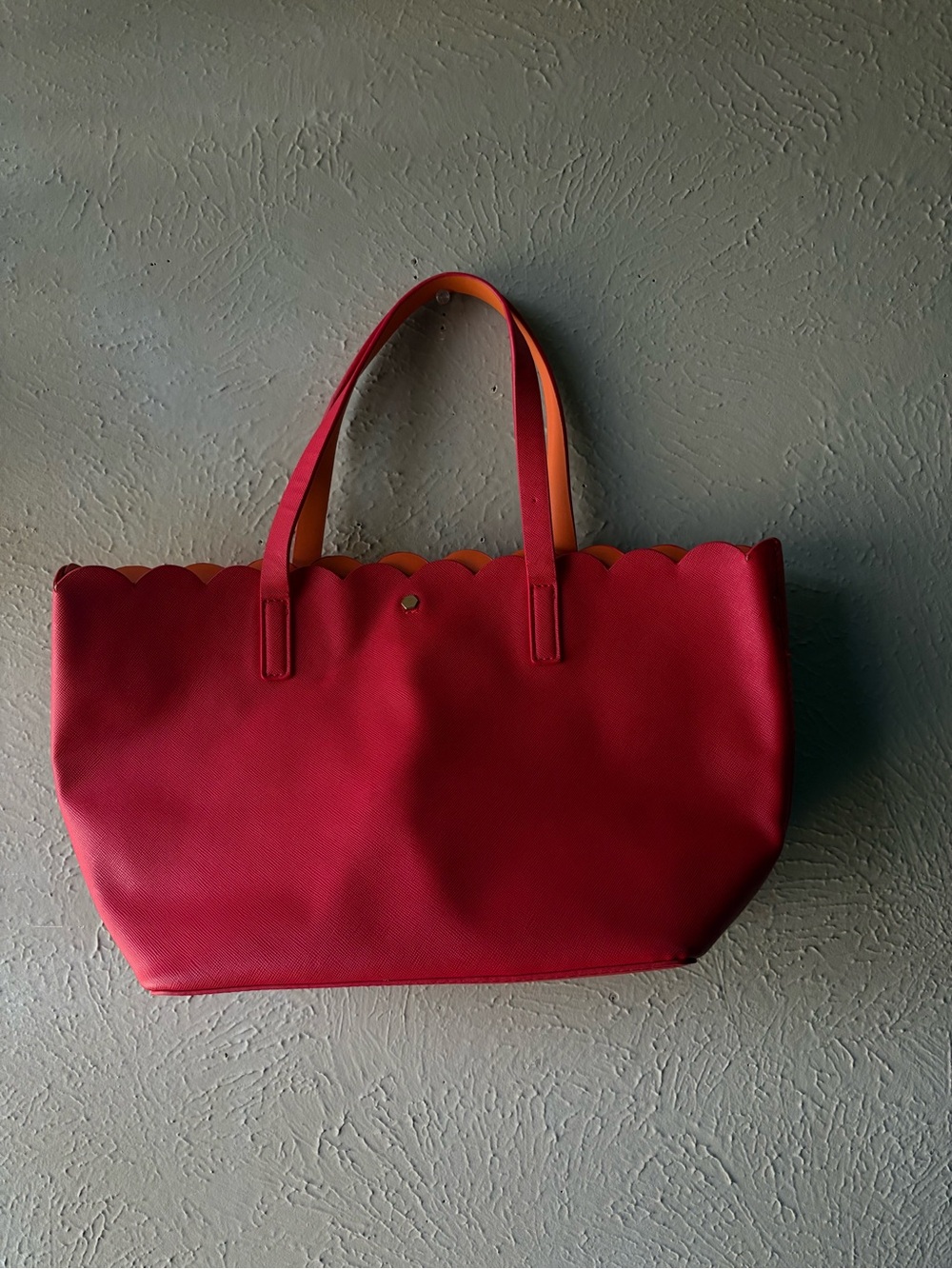 Red Scalloped-Edge Tote with Contrasting Orange Handles